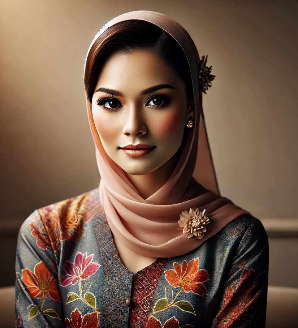DALL·E 2024-12-26 12.20.03 - A portrait of a Malay woman with traditional elegance, featuring her wearing a colorful batik-patterned kebaya. The setting is softly lit with a neutr